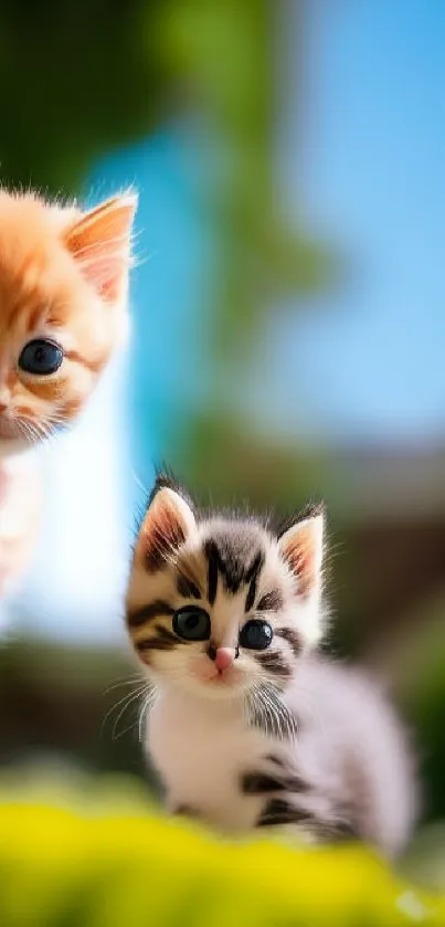 Two adorable kittens posing in a vibrant natural setting.