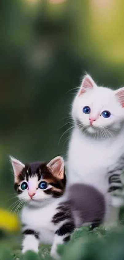 Two adorable kittens in lush greenery, perfect mobile wallpaper.