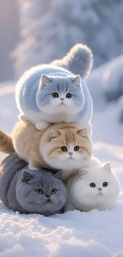 Four fluffy kittens stacked in snow with a winter backdrop.