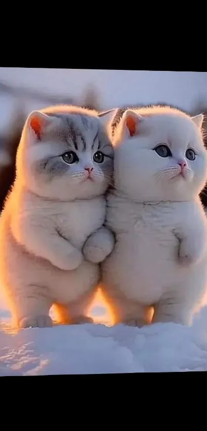 Two fluffy kittens stand together in snow.