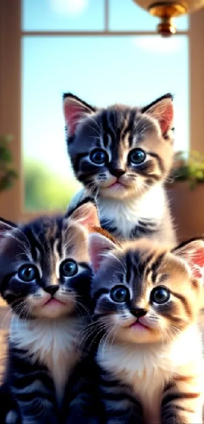 Three adorable kittens sit together in a sunlit, cozy room.