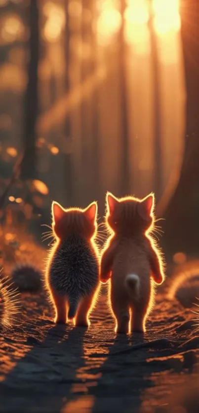 Two kittens walking in a sunlit forest trail during sunrise.