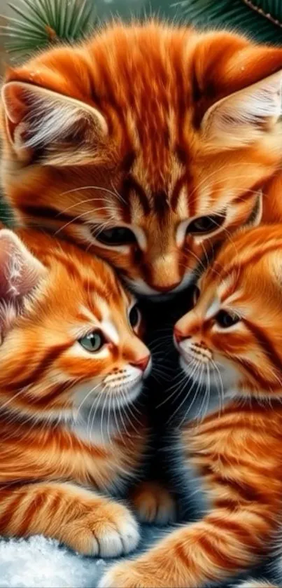 Three adorable orange kittens snuggle in a snowy setting.
