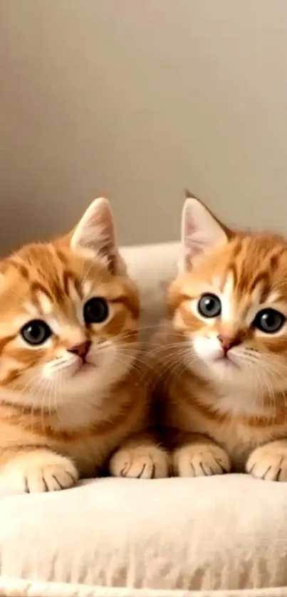 Two adorable ginger kittens on a cushion.