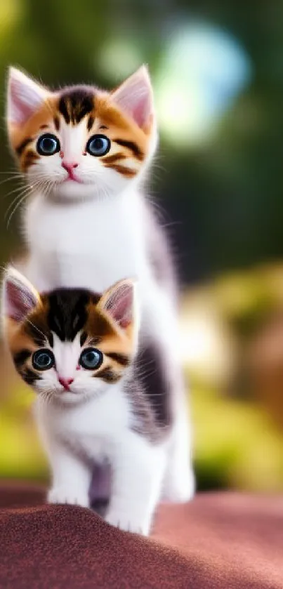 Two adorable kittens stacked on lush green background.