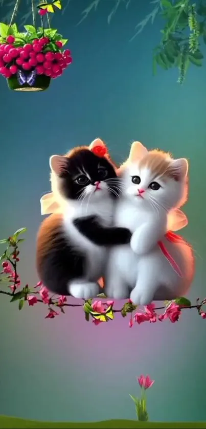 Adorable kittens with flowers and vibrant colors on a mobile wallpaper.