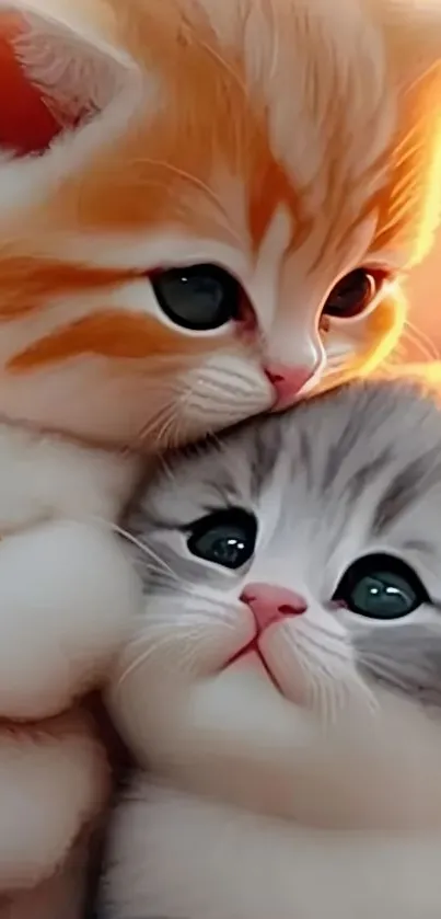 Adorable kittens cuddling together in a warm setting.