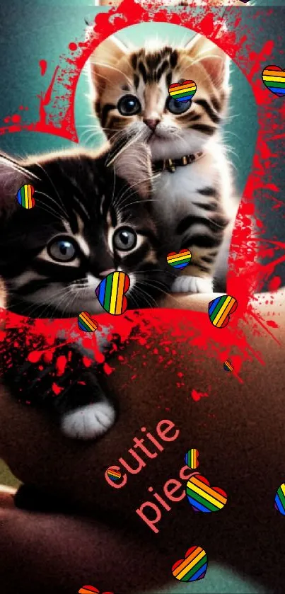 Adorable kittens in a heart with colorful design on mobile wallpaper.