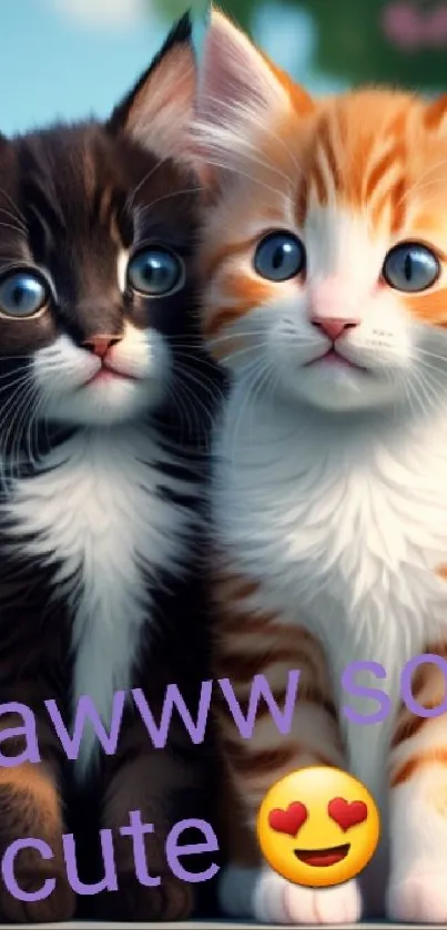 Two cute kittens, one orange and one brown, with text 'awww so cute' in purple.