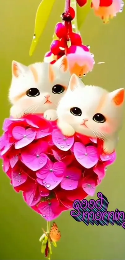 Adorable kittens in flowers with 'Good Morning' text.