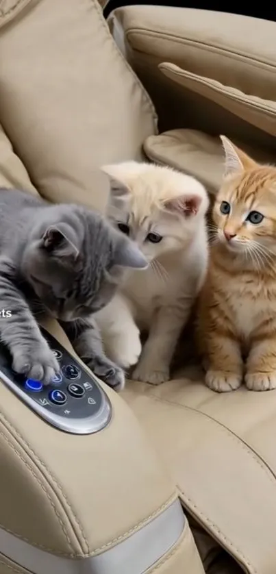 Three adorable kittens sitting on a leather couch.