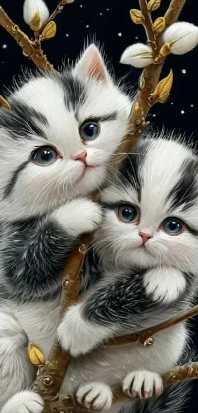Two fluffy kittens on a starry branch