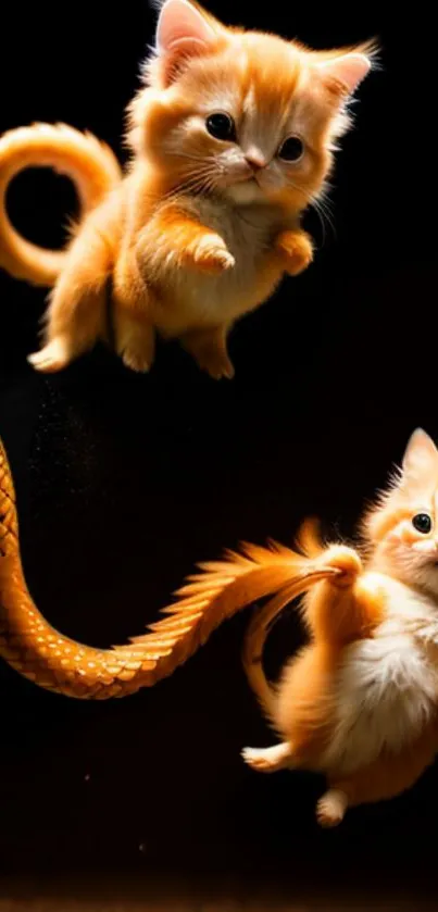 Two orange kittens play with snake tail.