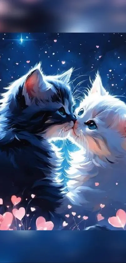 Cute kittens nuzzling under a starry sky with pink hearts.