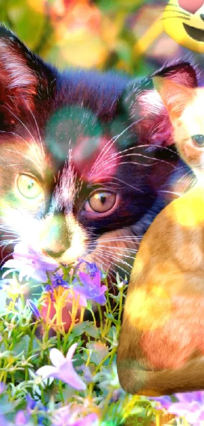 Two kittens in vibrant flowers with a cute emoji decoration.