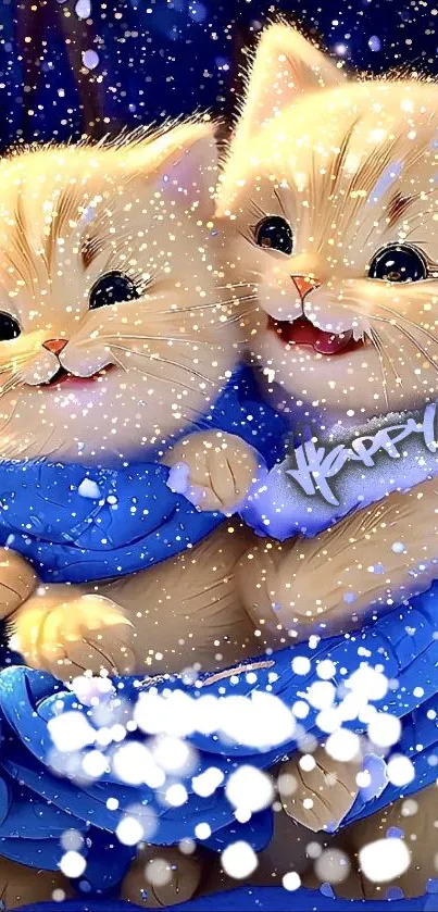 Two cute kittens wrapped in a blue scarf in snowy setting.