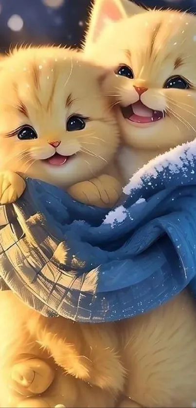 Adorable kittens wrapped in a blue blanket in a wintery scene.