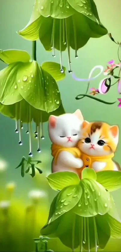 Wallpaper of two cute kittens among green flowers.