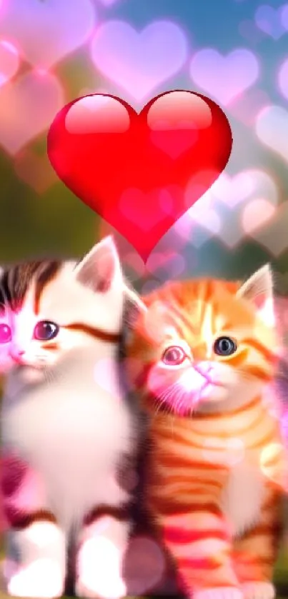 Cute kittens with red heart mobile wallpaper.