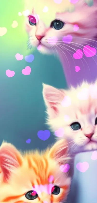 Adorable kittens with colorful heart bokeh on a vibrant background.