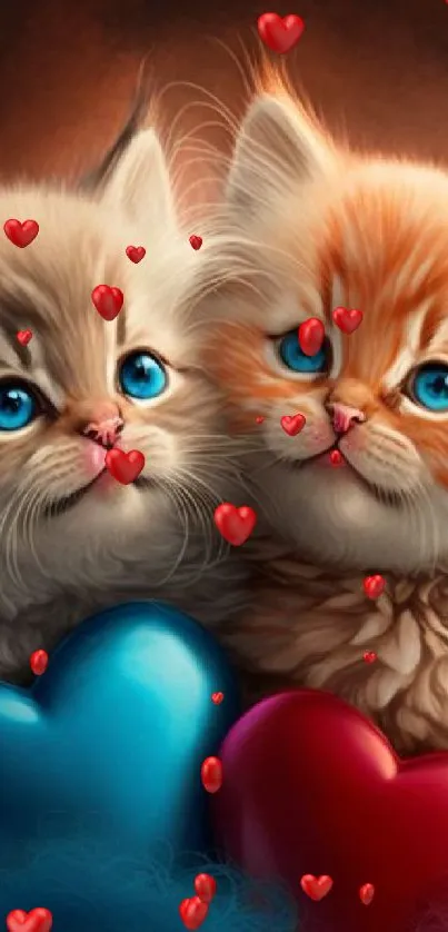 Two adorable fluffy kittens holding colorful hearts.