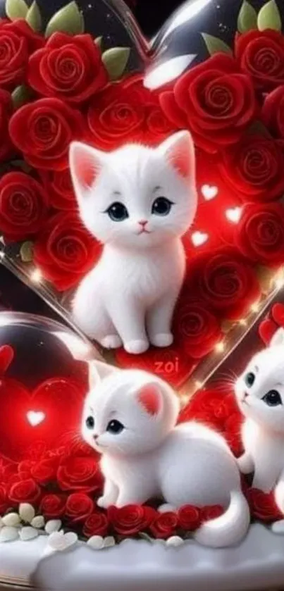 Adorable white kittens with red roses in heart design wallpaper.