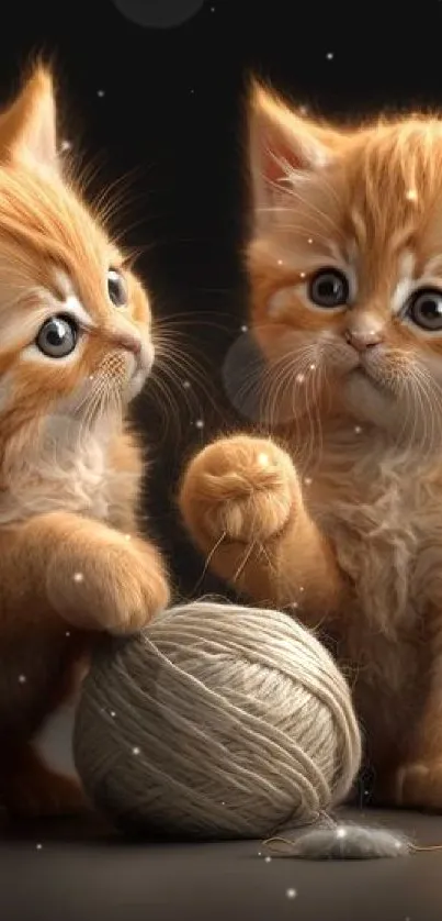 Adorable kittens playing with a yarn ball on a dark background.