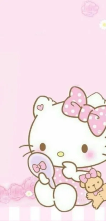 Adorable kitty with bow and teddy on pink wallpaper.