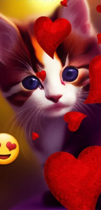 Cute kitten surrounded by red hearts and love emoji.