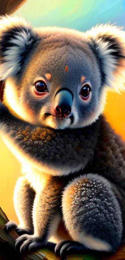 Adorable koala perched on branch in vibrant, colorful setting.