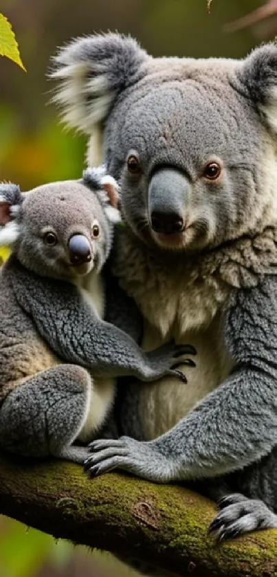 Two koalas on a tree branch with green leaves.