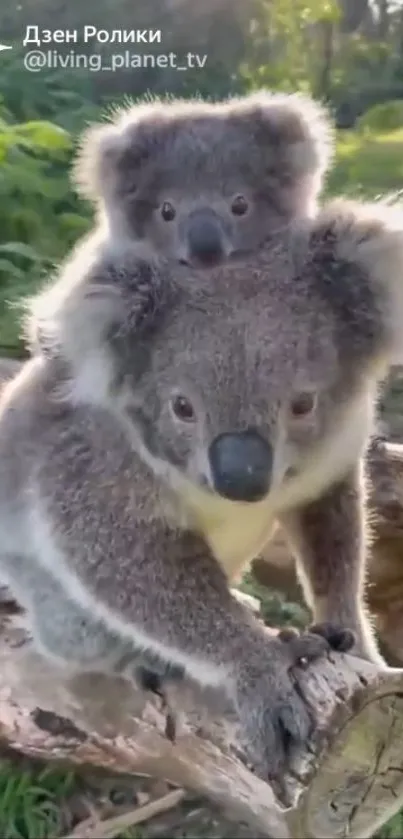 Mother and baby koala perched on a tree trunk in lush green forest.