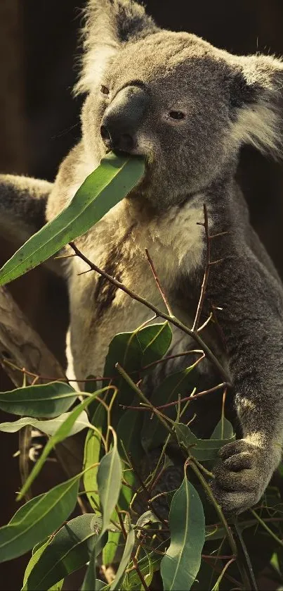 A cute koala munching on eucalyptus leaves.