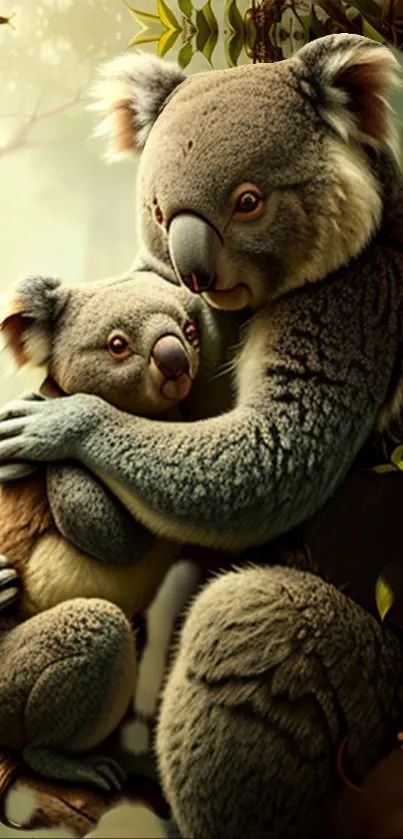 Adorable koala hug against leafy backdrop with warm sunlight.