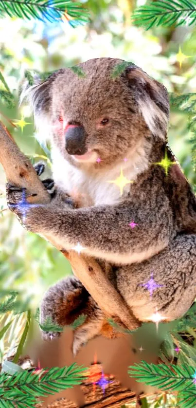 Cute koala perched on a branch surrounded by green leaves.