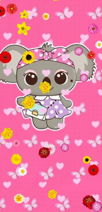 Cute koala and hearts pink wallpaper for mobile.