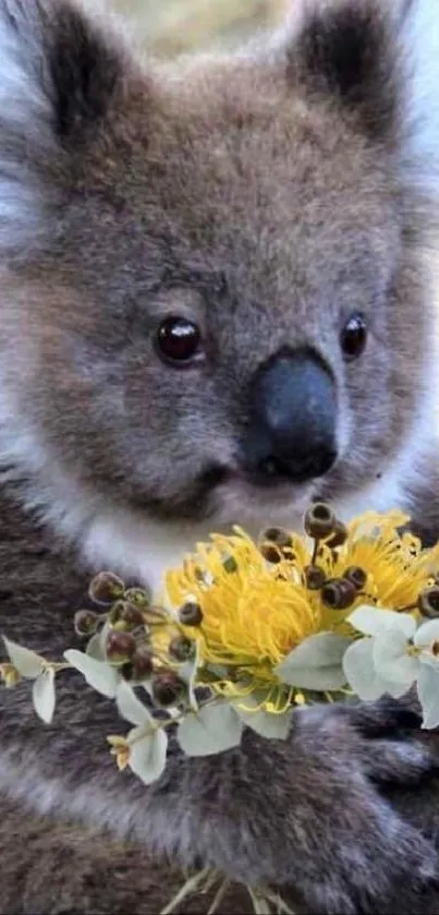 Adorable koala holding yellow flowers in the forest.