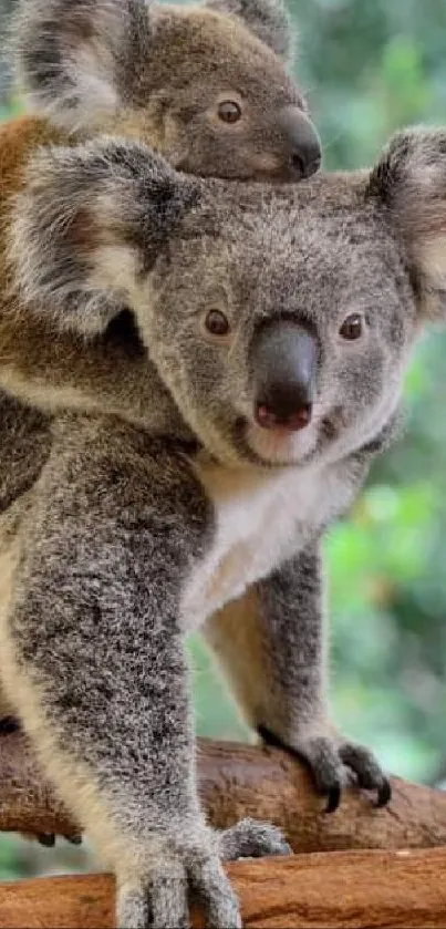 Cute koalas sitting on a tree branch in the wild.