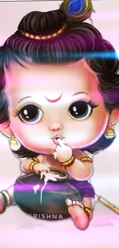 Cute depiction of Baby Krishna holding a pot, in a colorful digital art style.