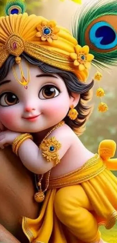 Adorable Krishna child with peacock feather and vibrant outfit.