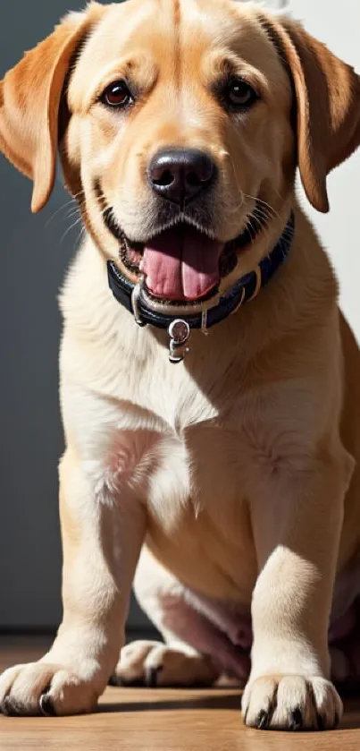 Adorable Labrador puppy sitting on the floor in warm sunlight, looking happy.