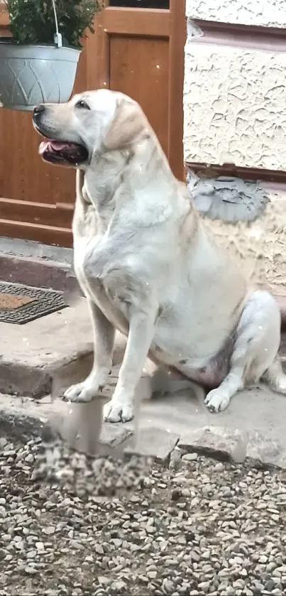 Charming Labrador sitting outdoors in a rustic setting.