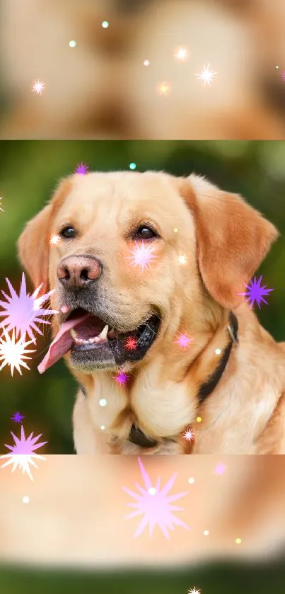 Adorable Labrador Retriever with sparkling effects on a green background.