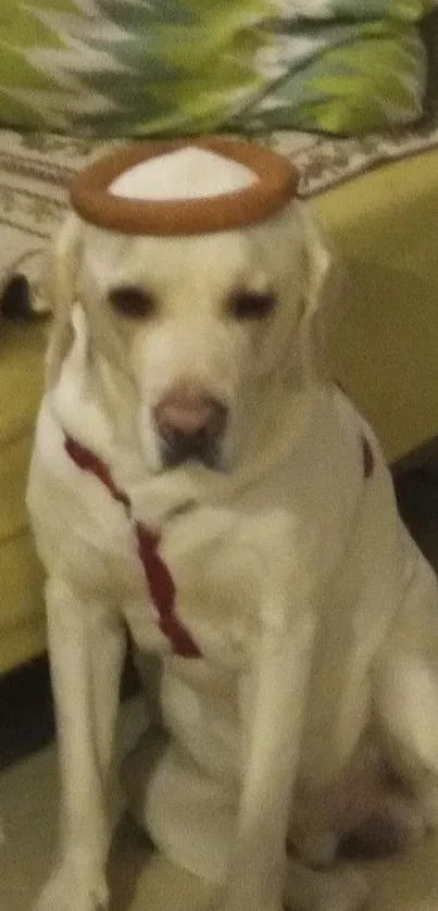 Funny Labrador Retriever wearing a toy on its head, sitting on a couch.