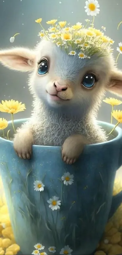 Adorable lamb in a blue floral cup with daisies as mobile wallpaper.