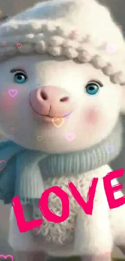 Adorable lamb with 'LOVE' text on pastel wallpaper.