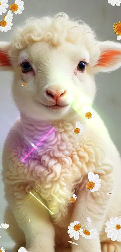 Adorable fluffy lamb with a soft white coat sitting on a plain background.
