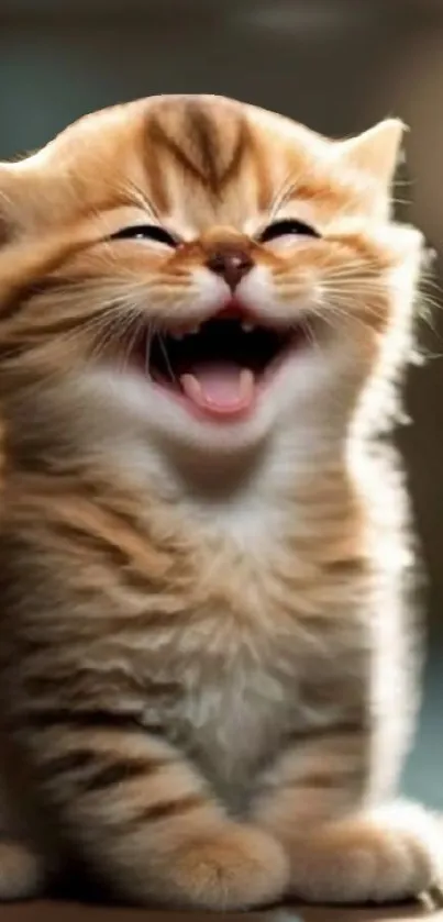 Adorable laughing kitten with golden fur on a mobile wallpaper.