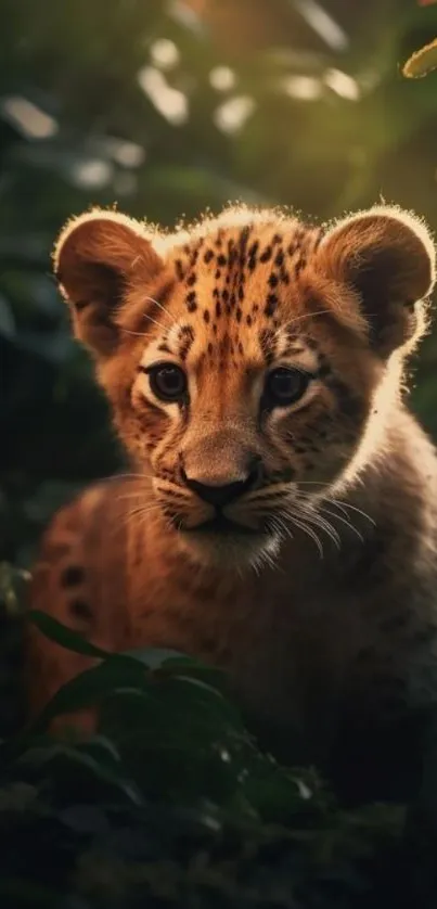 Adorable leopard cub surrounded by dark lush greenery in the jungle.