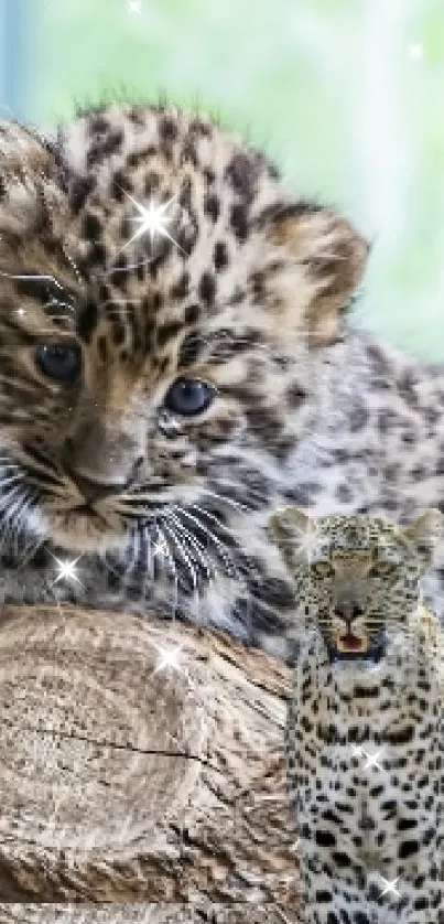 Adorable leopard cub resting on a log.